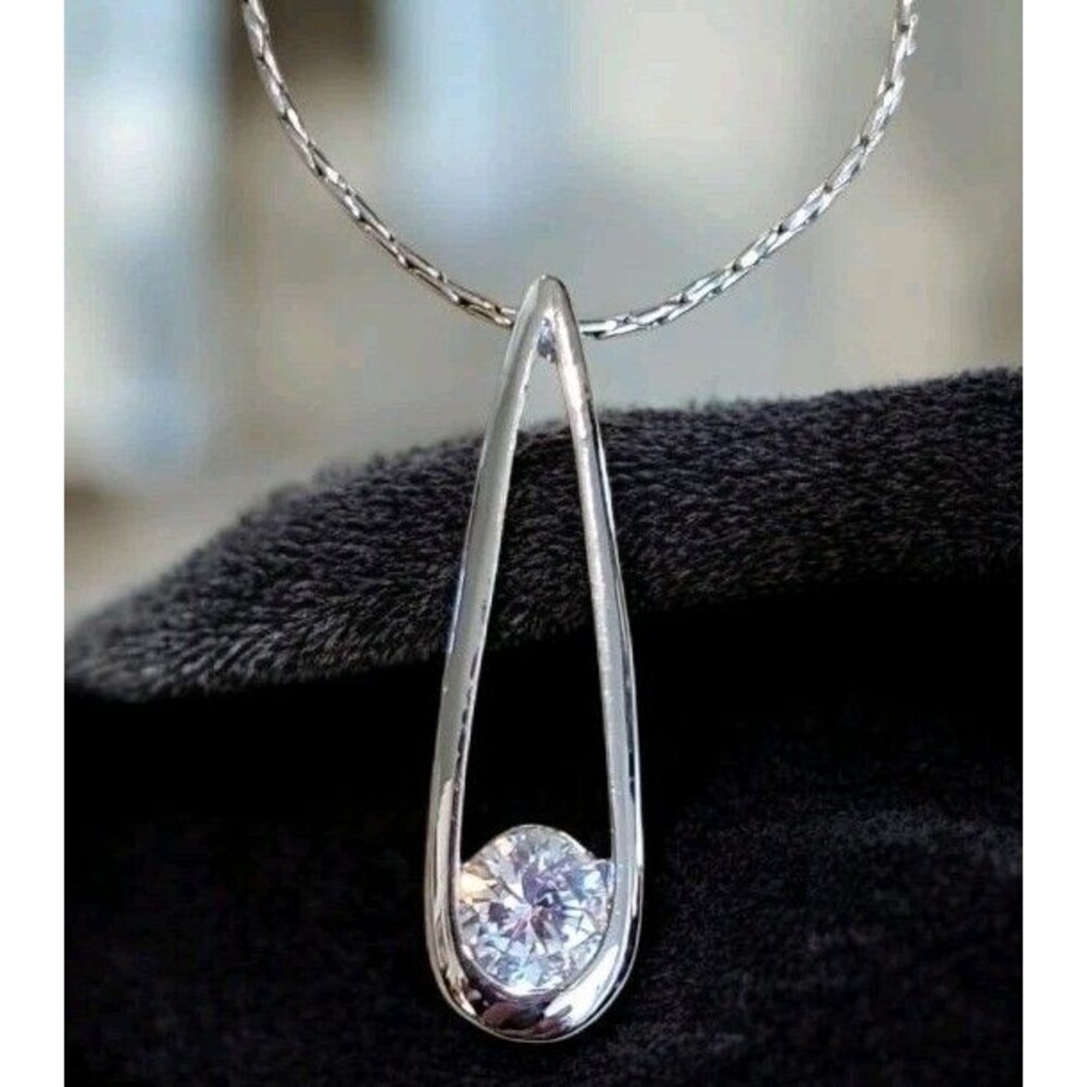 Cookie Lee Silvertone Sparkling CZ Modern Drop Pendant Necklace Reflective Chain